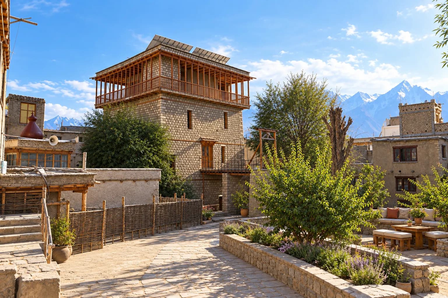 The Central Asian Museum tower in the Tsas Soma Garden, Leh, with the mountains behind