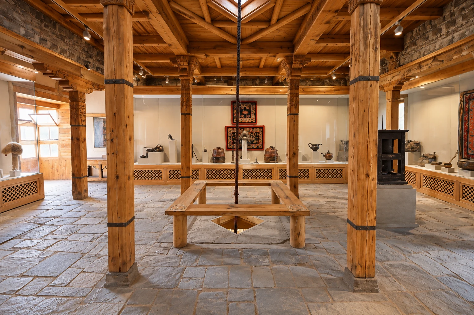 Tibetan gallery with carpets, copper vessels and carved capitals
