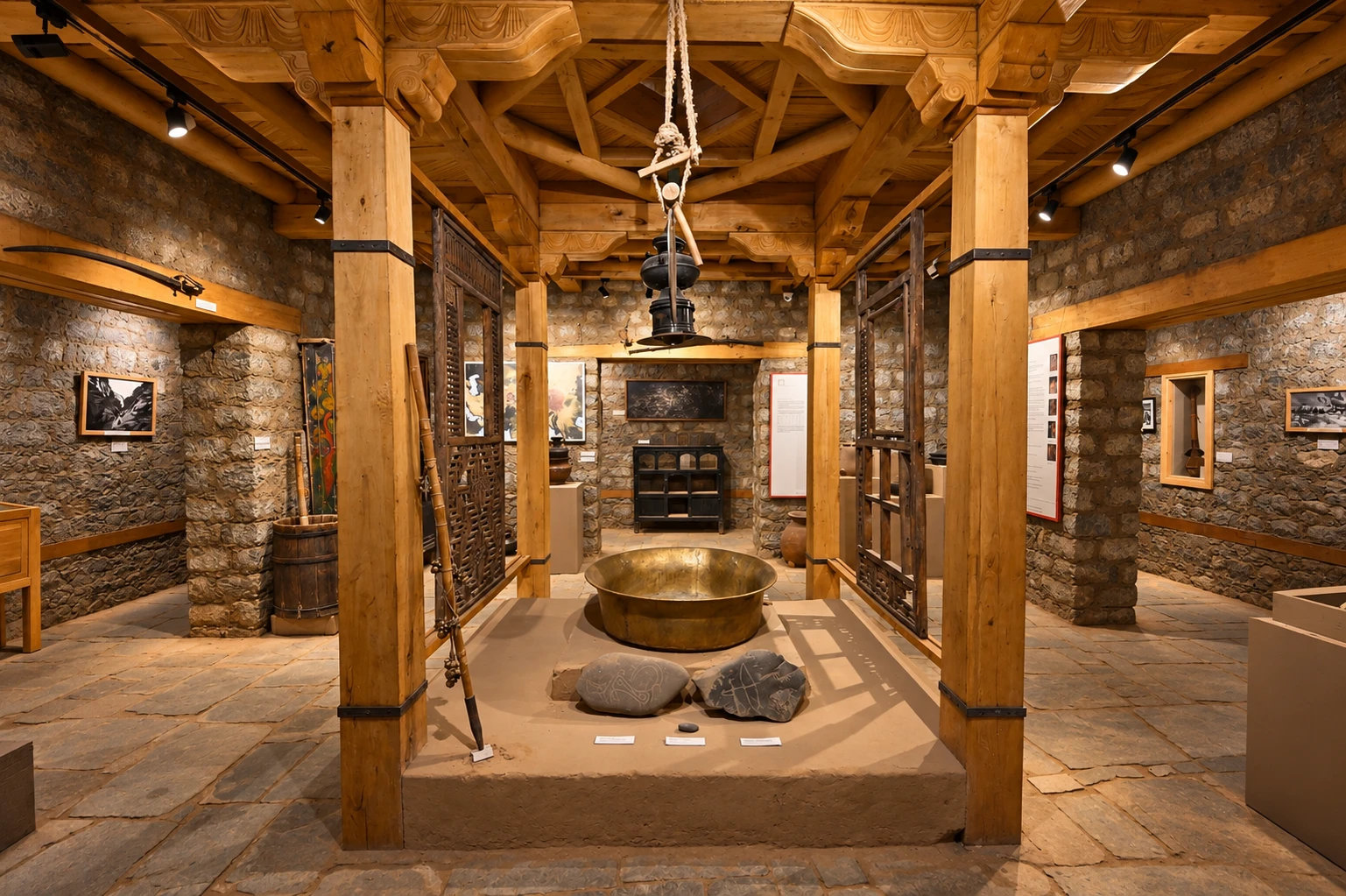 Ground floor gallery with a brass vessel, carved stones and Ladakhi objects