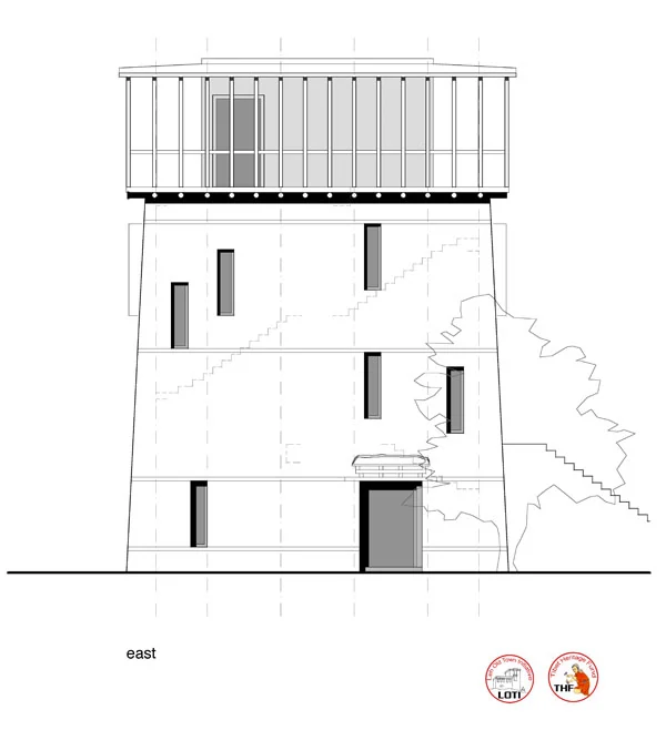 East elevation drawing of the museum tower