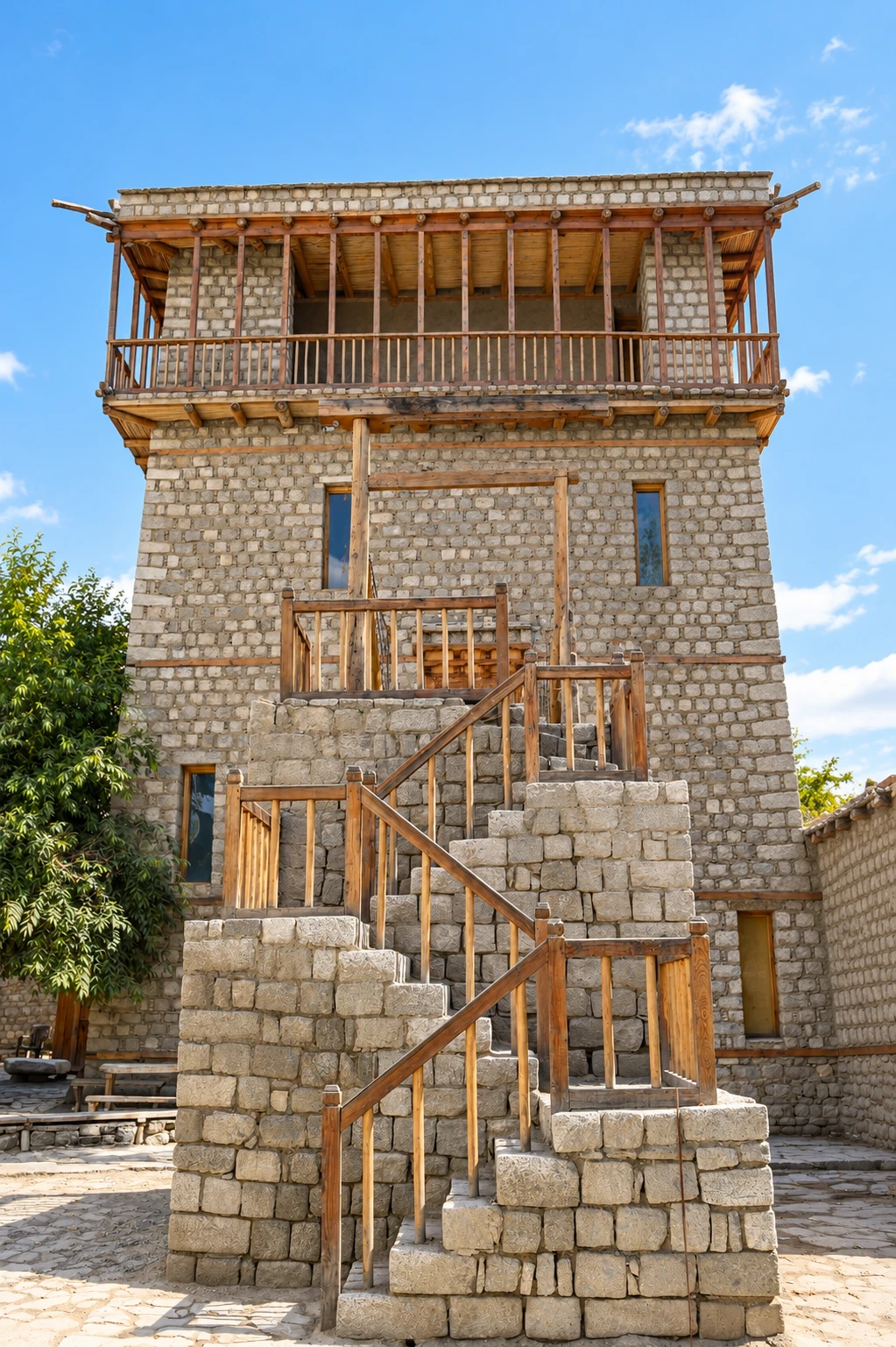 The stone museum tower with its timber gallery and external stairway